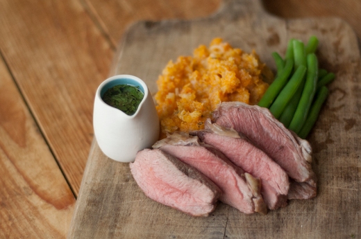 Roast butterflied lamb with pumpkin and parsnip mash