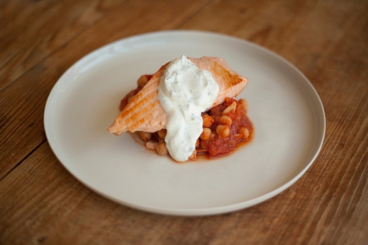 Salmon-with-Braised-Chickpeas-and-Yoghurt-Dressing