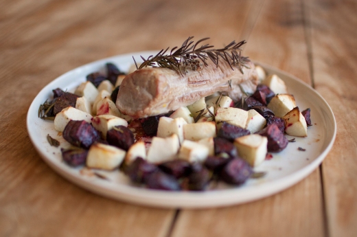 Pork tenderloin with baked beetroot apple and rosemary
