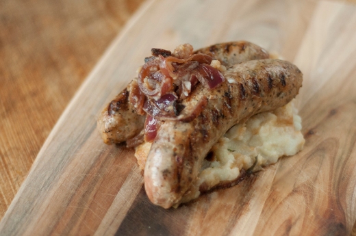 Bangers and mash with sage onion gravy